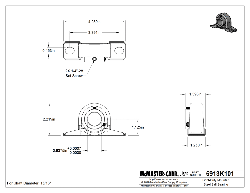 Technical Drawing of Light-Duty Mounted Steel Ball Bearing, with Set Screw, for 15/16" Shaft Diameter.
